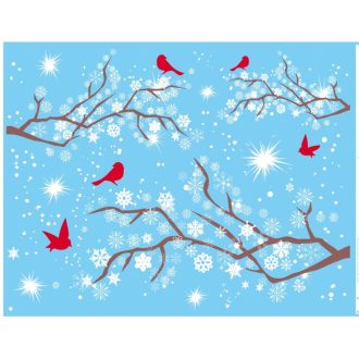   Havas ágak piros madárkákkal, csillámos sztatikus ablakmatrica