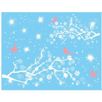   Rózsaszín madárkák a csillogós havas ágakon, sztatikus ablakmatrica