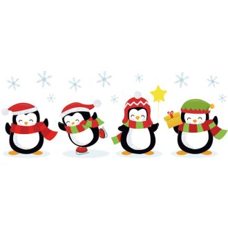   Színes csillámos pingvinek, ablaküveg sztatikus dekorcsík