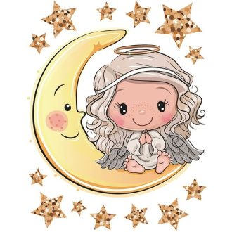 Angyal a holdon, csillogó színes sztatikus matrica ablakra