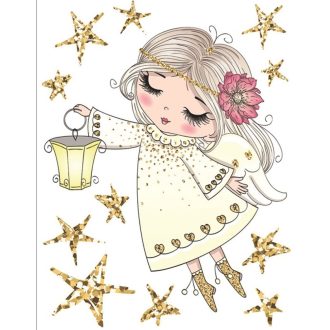 Színes angyalka lámpással, csillámos matrica üvegre