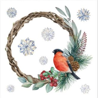 Koszorún ácsorgó kismadár, ablakmatrica karácsonyra