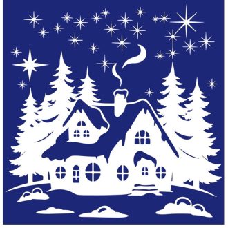   Tél éjjeli házikó az erdőszélen, többször használható ablakmatrica