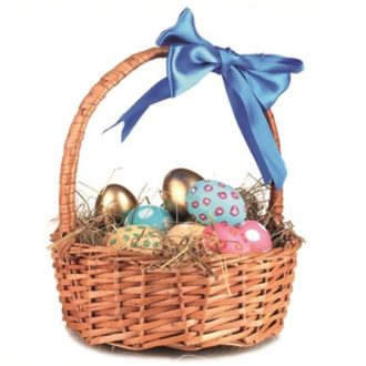 Kosár kék masnival, húsvéti sztatikus ablakmatrica