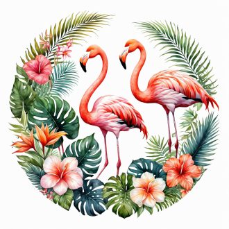   Flamingók trópusi növények között, festett hatású falmatrica