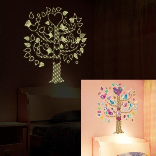 Fa madarakkal, éjjel világító falmatrica