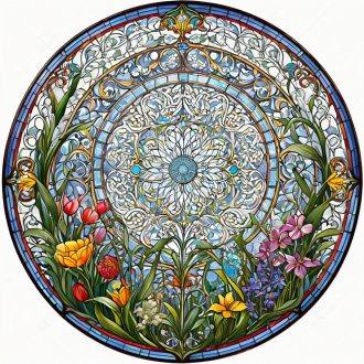   Színes virágok a minták előtt, ólomüveg hatású ablakmatrica