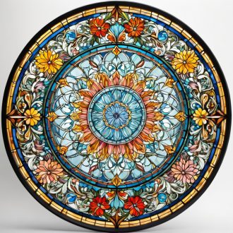 Élénk virágok körben, ólomüveg hatású ablakmatrica