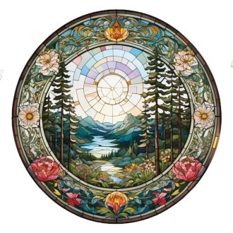   Fenyőerdő a patak mellett, ólomüveg hatású ablakmatrica