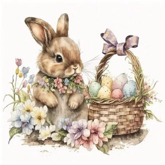   Nyuszi kosárkával, virágokkal, vintage csillámos húsvéti ablakmatrica