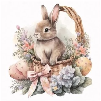   Kisnyuszi a kosárban, vintage csillámos húsvéti ablakmatrica