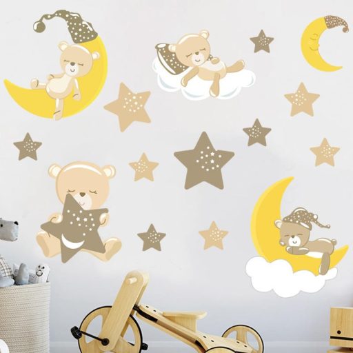 Csillagok között alvó mackók, festett hatású falmatrica gyerekeknek