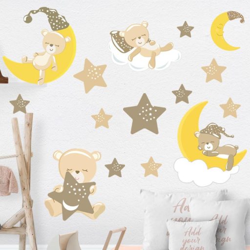 Csillagok között alvó mackók, festett hatású falmatrica gyerekeknek