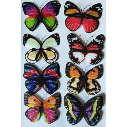 Csillogós színes pillangók 3D matrica, 8 db-os csomag