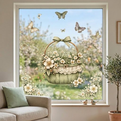 Vintage virágos ablak dekoráció szett – Virágos kosár és pillangók