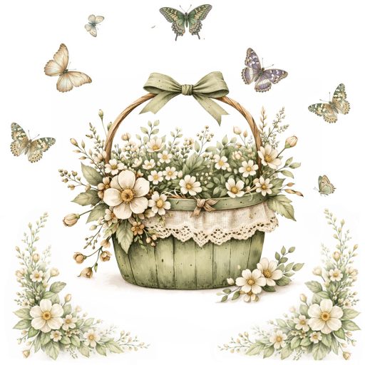 Vintage virágos ablak dekoráció szett – Virágos kosár és pillangók