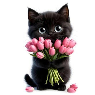   Fekete kiscica rózsaszín tulipánokkal, sztatikus ablakmatrica