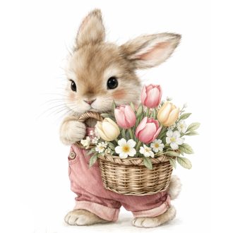   Kisnyuszi tulipános virágkosárral, ablakmatrica ragasztómentesen