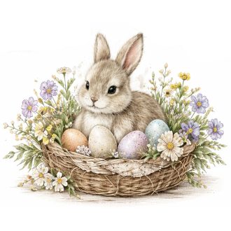 Húsvéti nyuszi tavaszi kosárban, sztatikus ablakmatrica