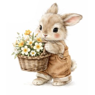   Nyuszkó tavaszi virágkosárral, ragasztómentes ablakmatrica