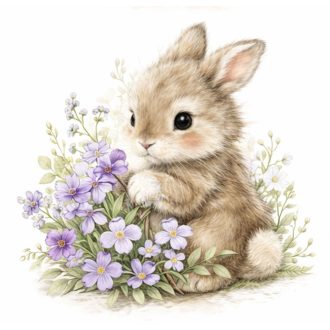   Nyuszi lila virágokkal, többször használható ablakmatrica