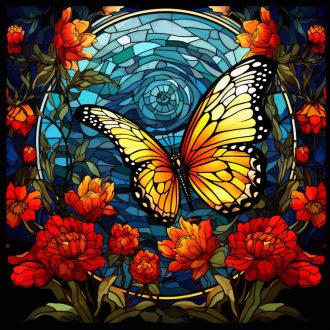   Pillangó a piros virágokon, ólomüveg hatású ablakmatrica