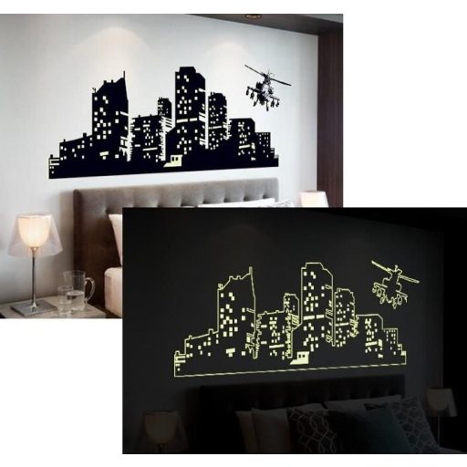 Város helikopterrel, éjjel világító falmatrica