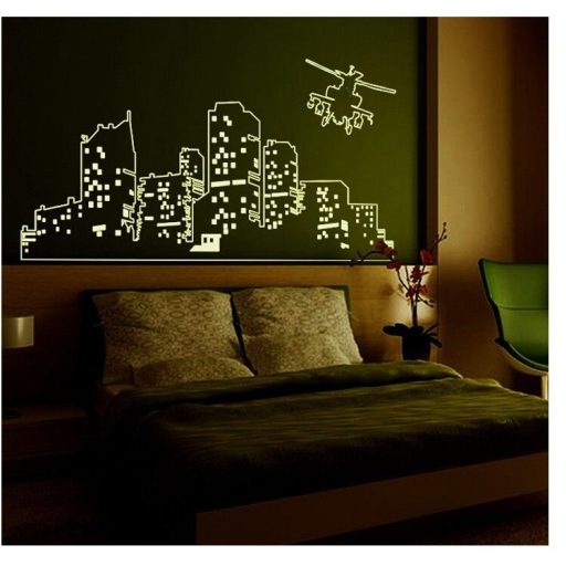 Város helikopterrel, éjjel világító falmatrica