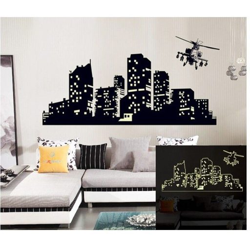 Város helikopterrel, éjjel világító falmatrica