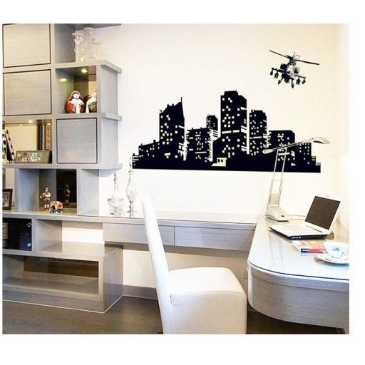 Város helikopterrel, éjjel világító falmatrica