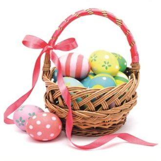   Kosár rózsaszín masnival, húsvéti sztatikus ablakmatrica