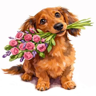 Virágcsokrot tartó kutyus, akvarell sztatikus ablakmatrica