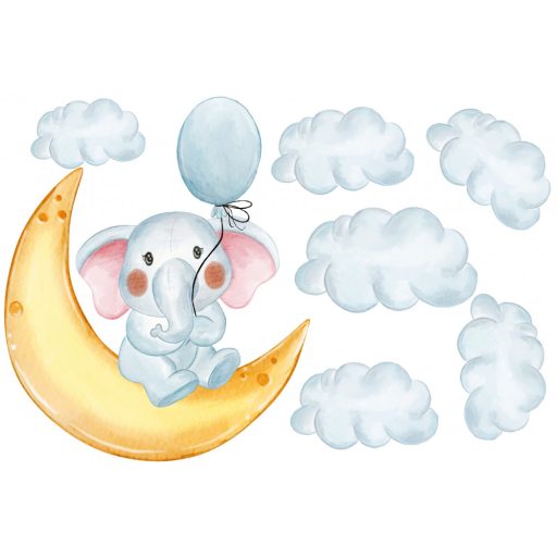 Kiselefánt lufikkal a felhők között,  festett hatású gyerekszoba falmatrica