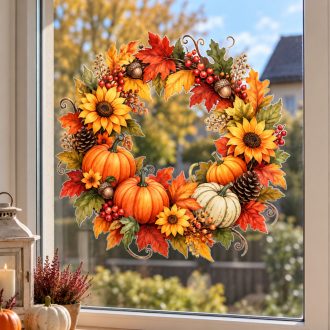 Őszi harvest koszorú pumpkinokkal, sztatikus ablakmatrica