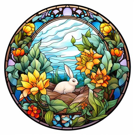 Nyuszi a virágoskertben (1), ólomüveg hatású húsvéti ablakmatrica