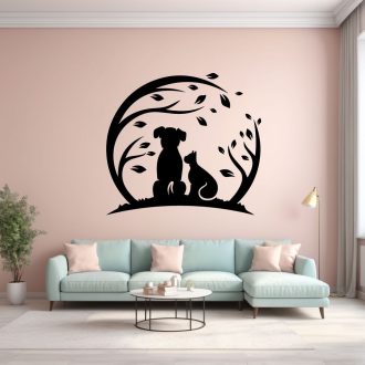 Cica és kutya együtt a természetben, falmatrica