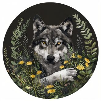 Farkas a gyógynövények között, kör alakú falmatrica