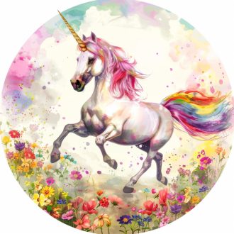   Hajnal fényeiben fürdőző unikornis, kör alakú falmatrica