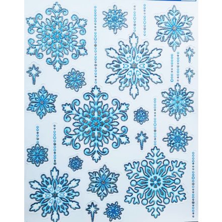 Kék csillámos hópelyhek1, karácsonyi ablakmatrica