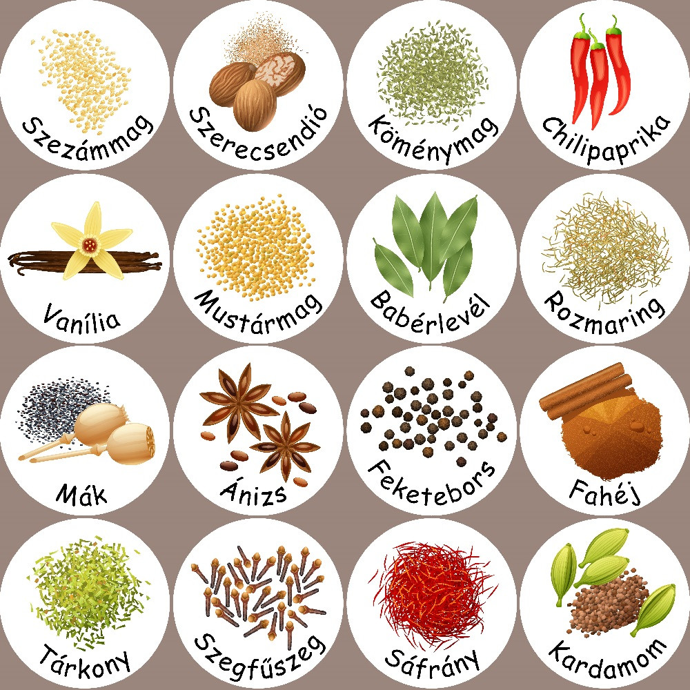 Fűszerek, 16 db-os vízálló matricacsomag - Dekormatricák Web