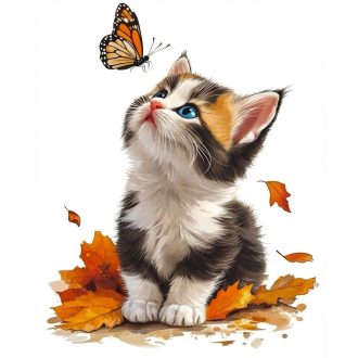 Cica őszi pillangóval, sztatikus ablakmatrica