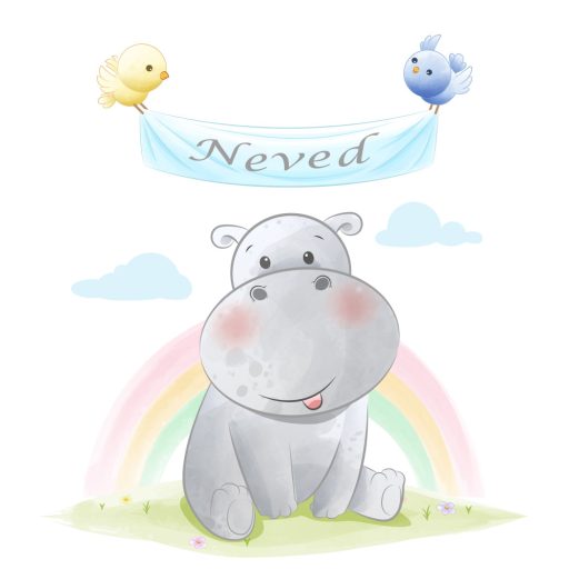 Bébi víziló saját névvel,  festett hatású gyerekszoba falmatrica