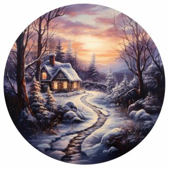   Házikó a téli erdő mellett, festett hatású ablakmatrica