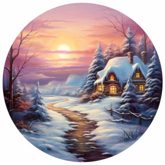   Házikó a téli fenyők között, festett hatású ablakmatrica