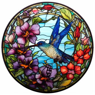   Kis kolibri a virágok körül repked, ólomüveg hatású ablakmatrica