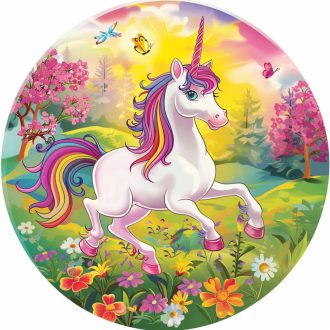   Unikornis a virágos réten, kör alakú falmatrica gyerekszobába