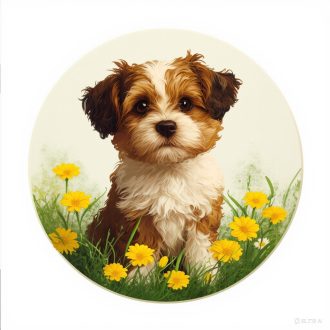 Kiskutya sárga virágok között, kutyás falmatrica