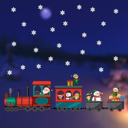 Vonatozó Mikulás, karácsonyi dekorációs matrica ablakra vagy kirakatra