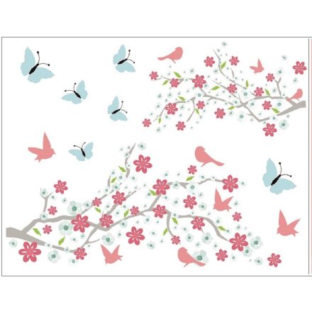Csillámos ágak rózsaszín madárkákkal2, ablakmatrica